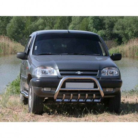 Кенгурин с дополнительной защитой двигателя «Низкий» (d63.5) B@3 2123 "Chevrolet Niv@", нержавеющая сталь купить недорого с доставкой в Канск